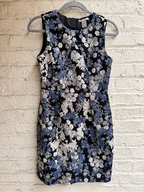 H&M Navy Floral Jacquard Mini Dress - Blue & White